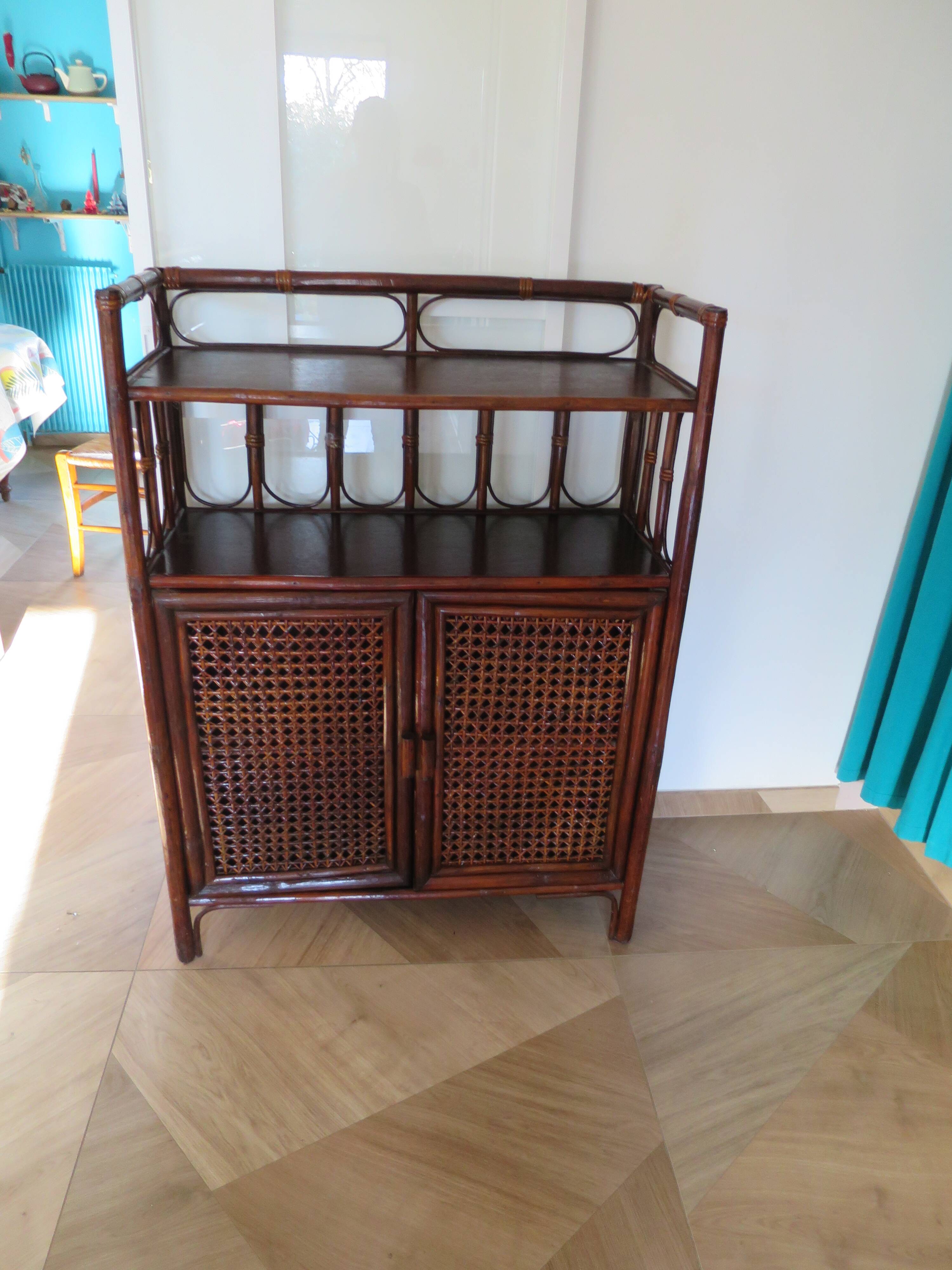 Support buffet bibus woven rattan 2 doors in caning - vintage 60s/70s