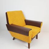 Armchair in ochre yellow and brown skai teddy fabric