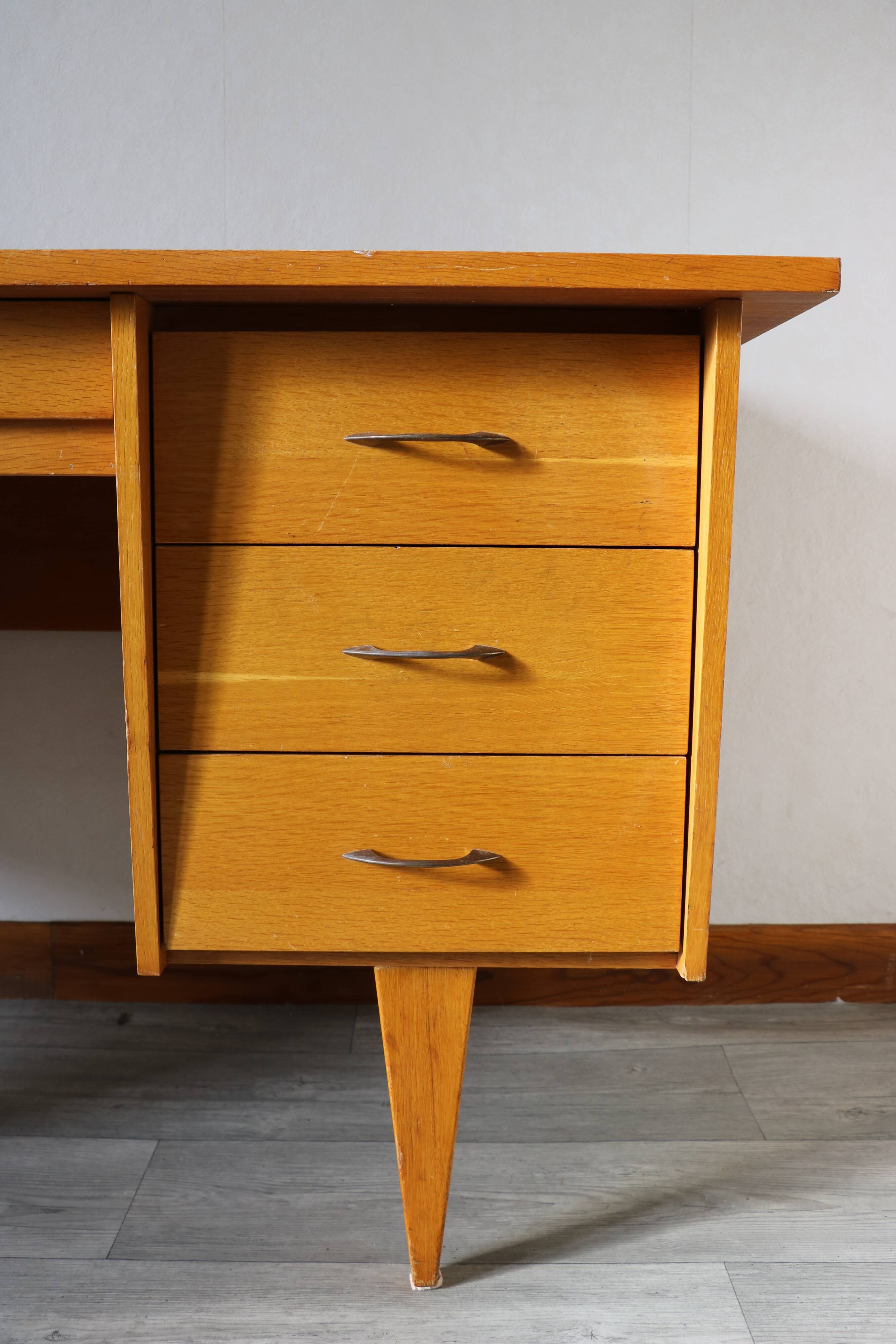 Oak desk, splayed legs, drawers, 1960.