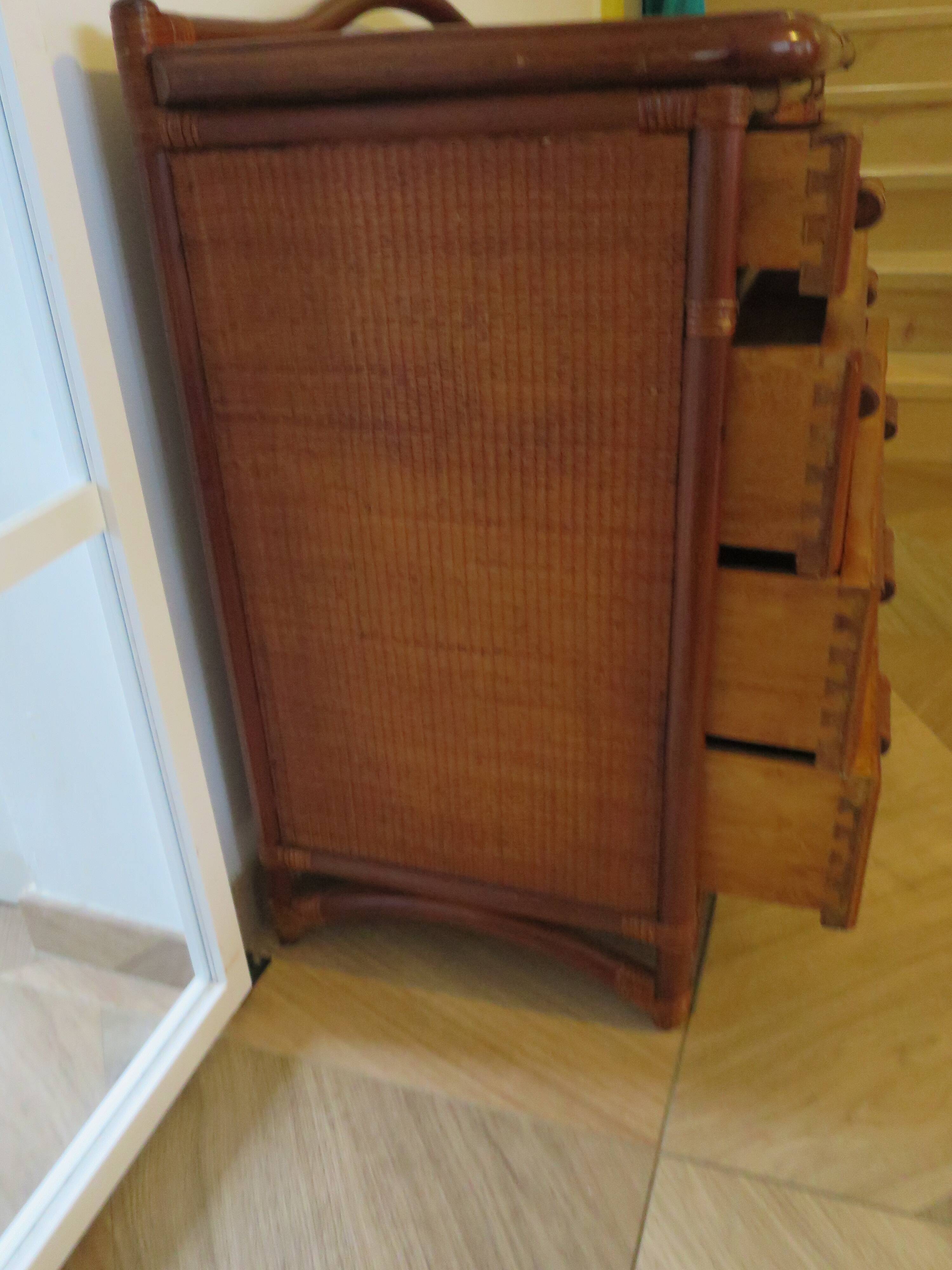 Vintage dressing table/chest - woven rattan - 5 drawers - mirror - 1960s/70s