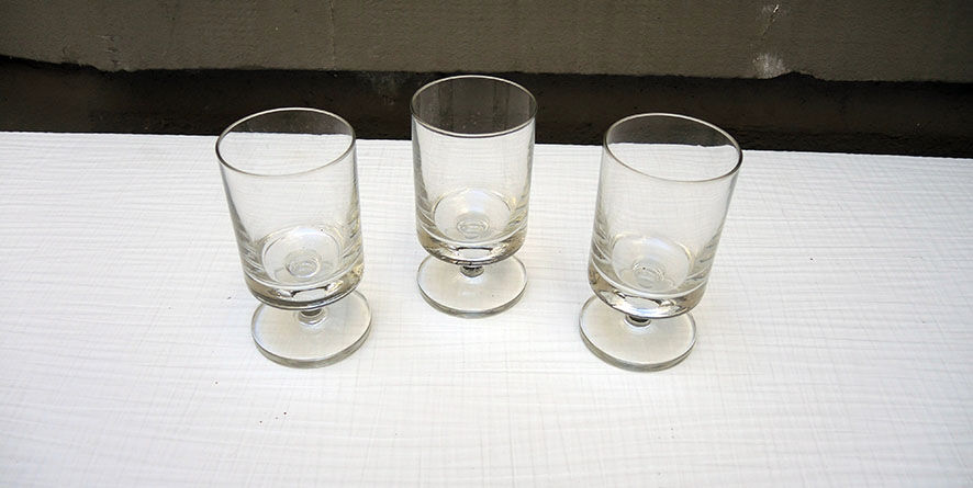 3 old transparent glass foot glasses