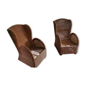 Pair of vintage rattan armchairs, wicker