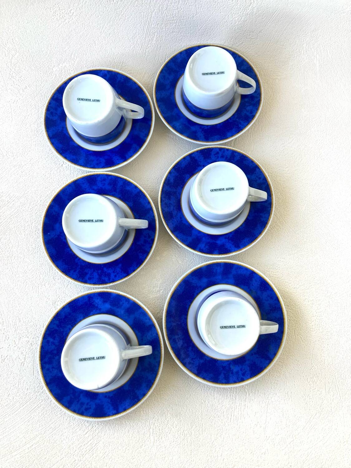 6 Genevieve Lethu Blue and White Coffee Cups and Saucers