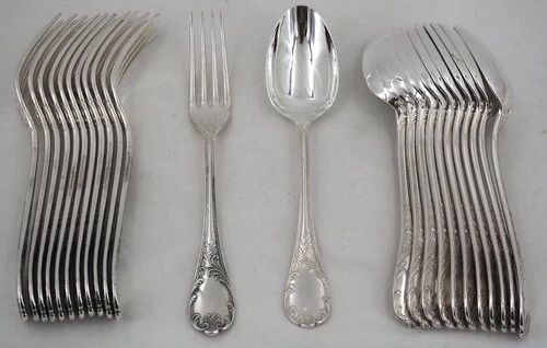 Christofle Marly, 12 dessert cutlery sets, 24 pieces silver-plated metal, 17 cm