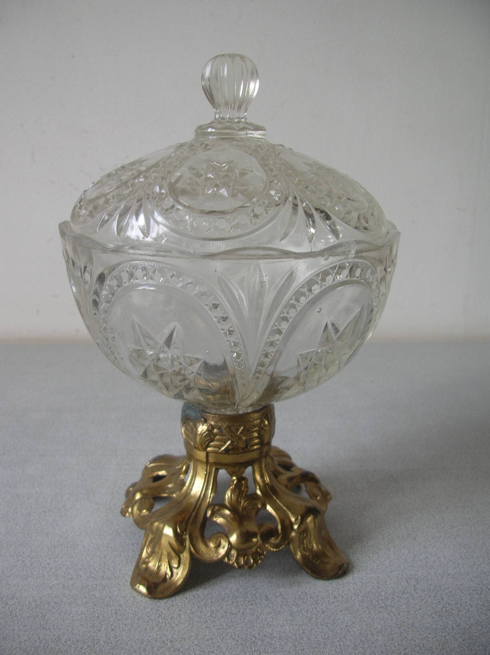 Old candy box sugar bowl molded glass pot on brass base decorative centerpiece