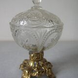 Old candy box sugar bowl molded glass pot on brass base decorative centerpiece