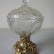Old candy box sugar bowl molded glass pot on brass base decorative centerpiece