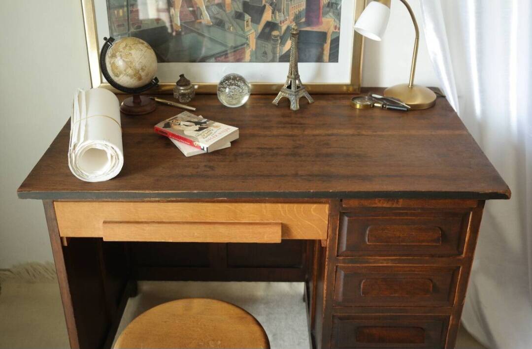 Vintage oak desk with its stool.