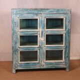 Ancien vaisselier en teck birman patine bleue-blanche d'origine