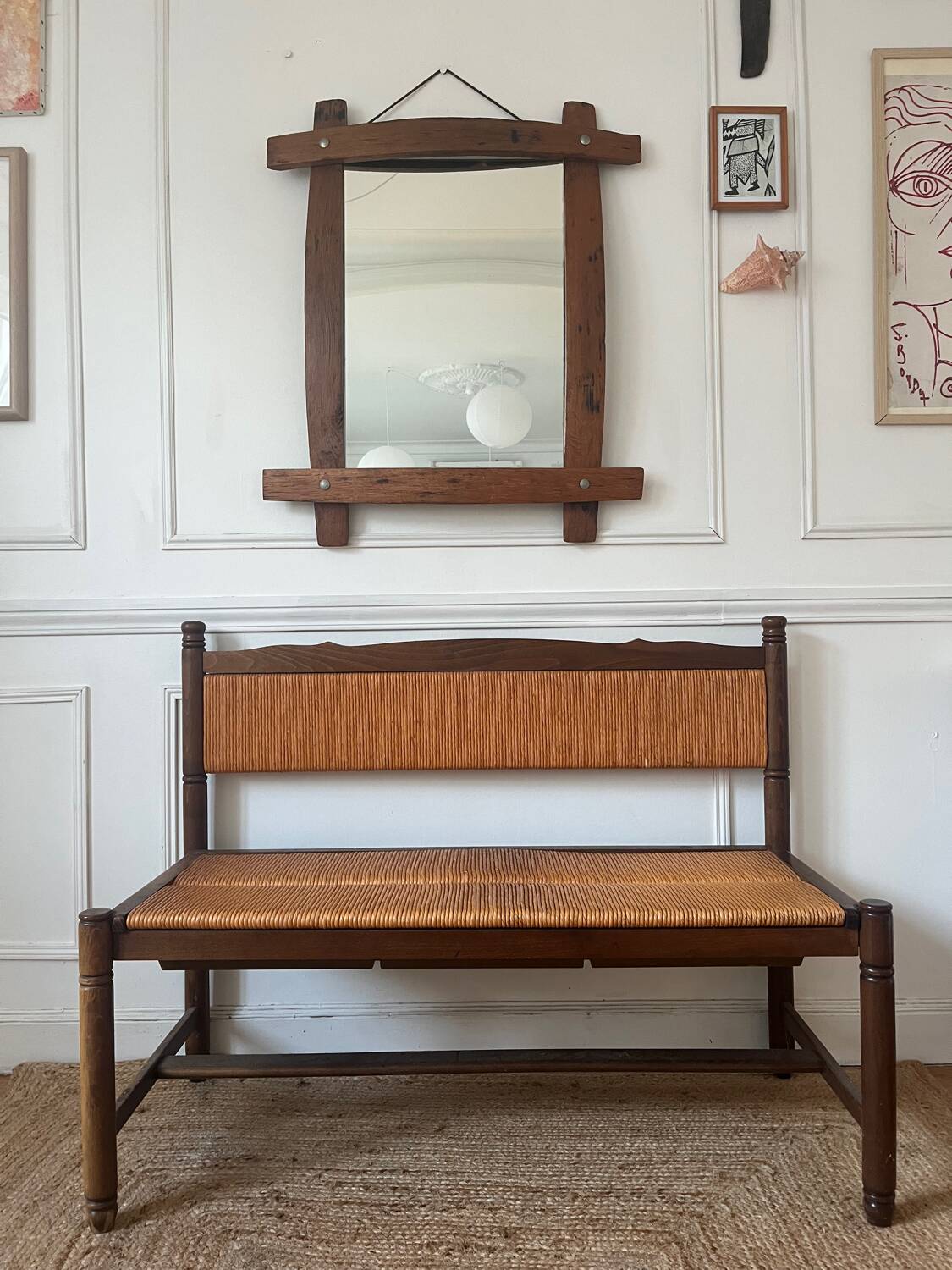 Provençal rustic wood and straw bench
