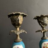 Pair of Napoleon III candlesticks in bronze and floral porcelain