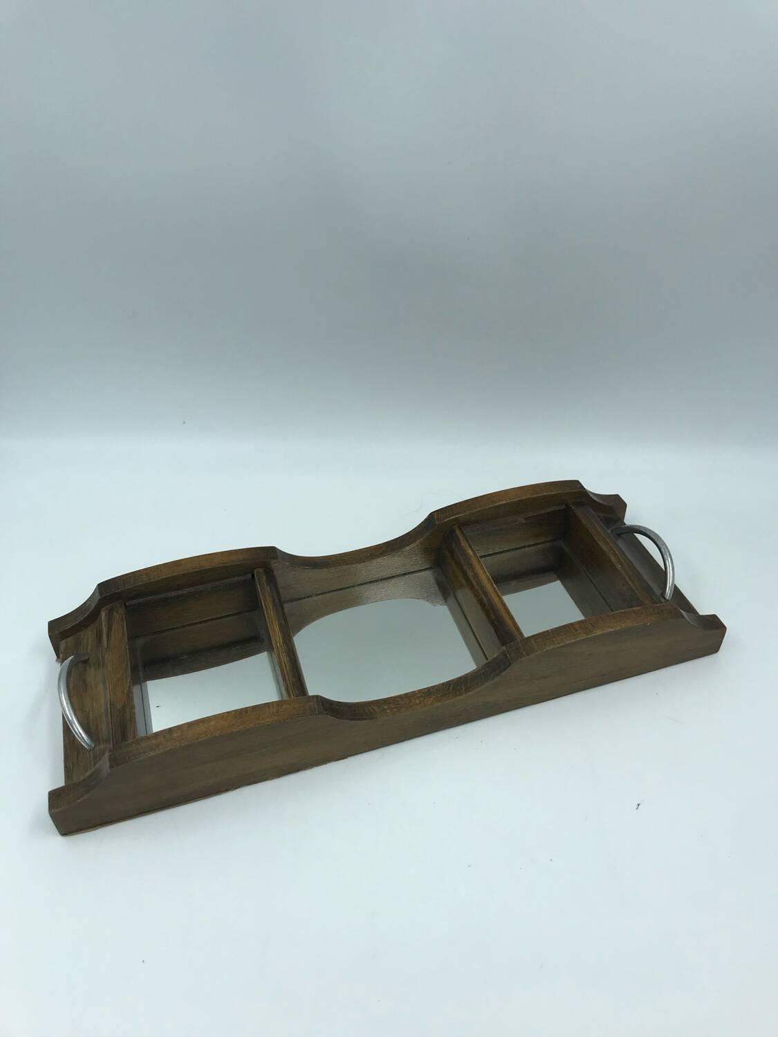 Vintage antique wooden and mirror compartment tray