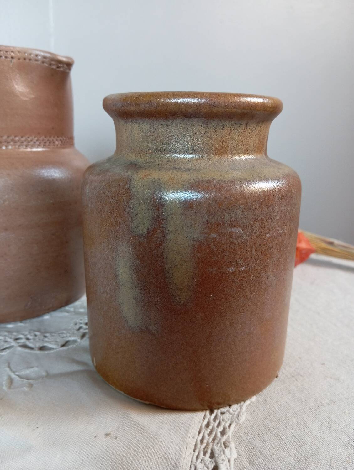 Duo of stoneware ceramic, pitcher and pot, vintage