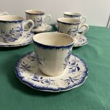 Set of 6 cups and under cups Lancaster Sarreguemines ceramic decorations flowers