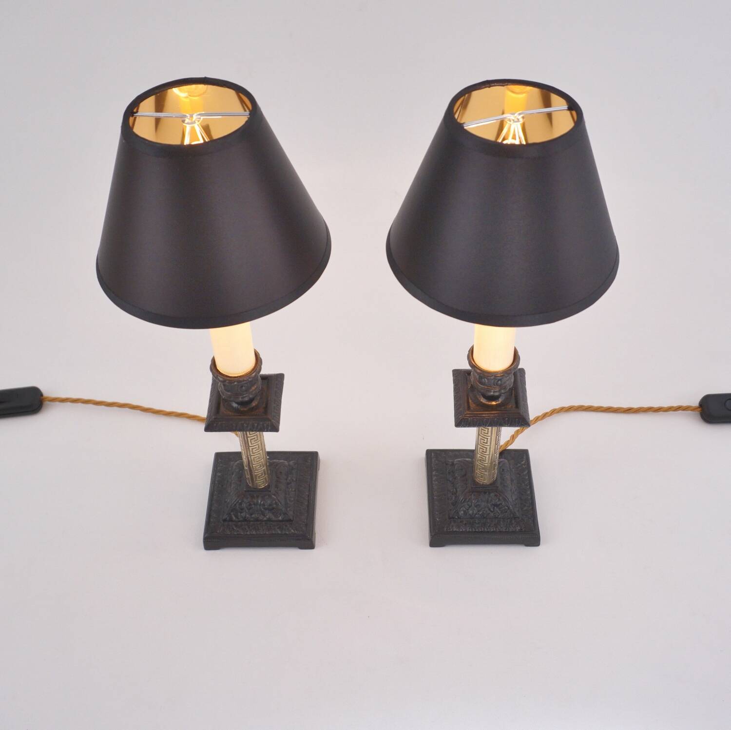 Pair antique candlestick table lamps Aesthetic Movement iron brass 1890s UK