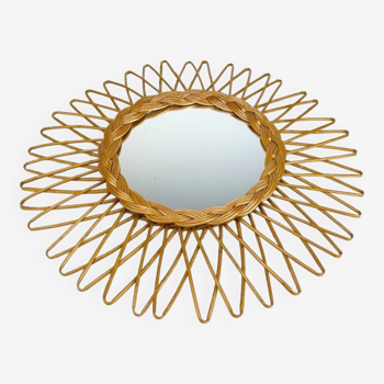 Rattan and woven wicker sun mirror from the 60s