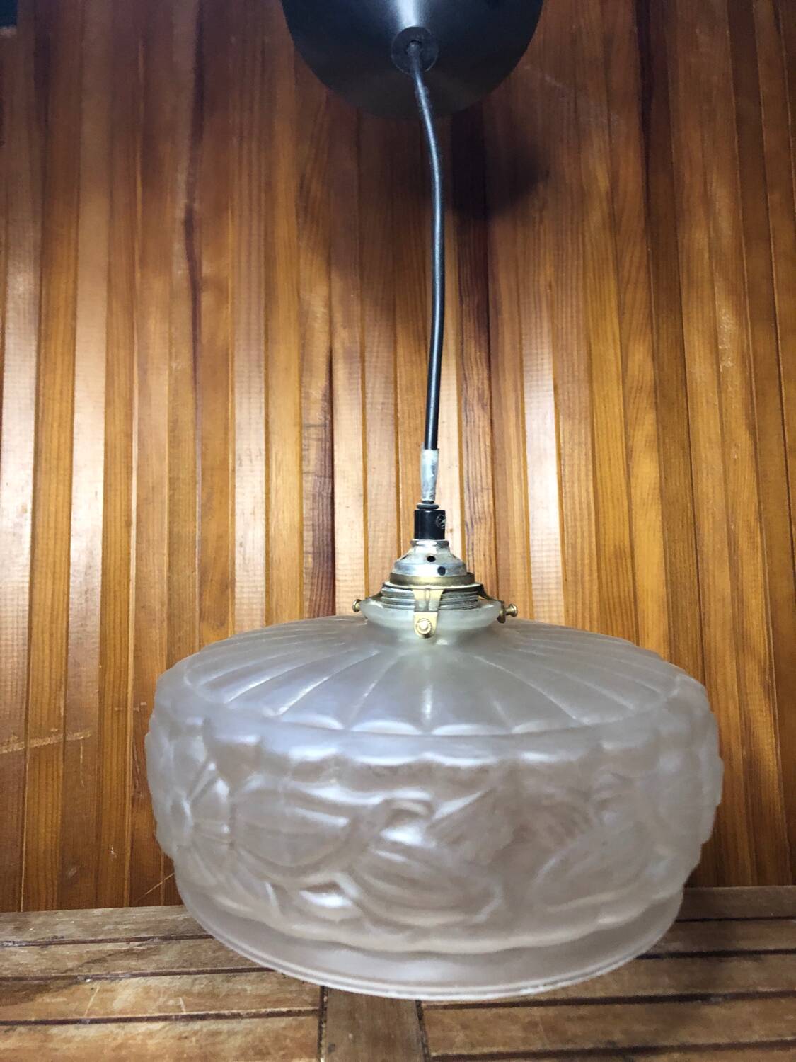 Old Transparent Molded Glass Pendant Lamp + Vintage Brass Support
