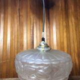 Ancienne Suspension Verre Moulé Transparent + Support Laiton Vintage