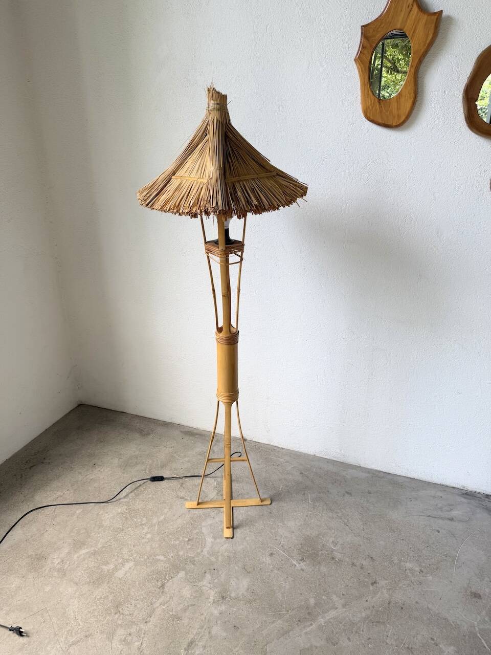 Bamboo and straw floor lamp 1980
