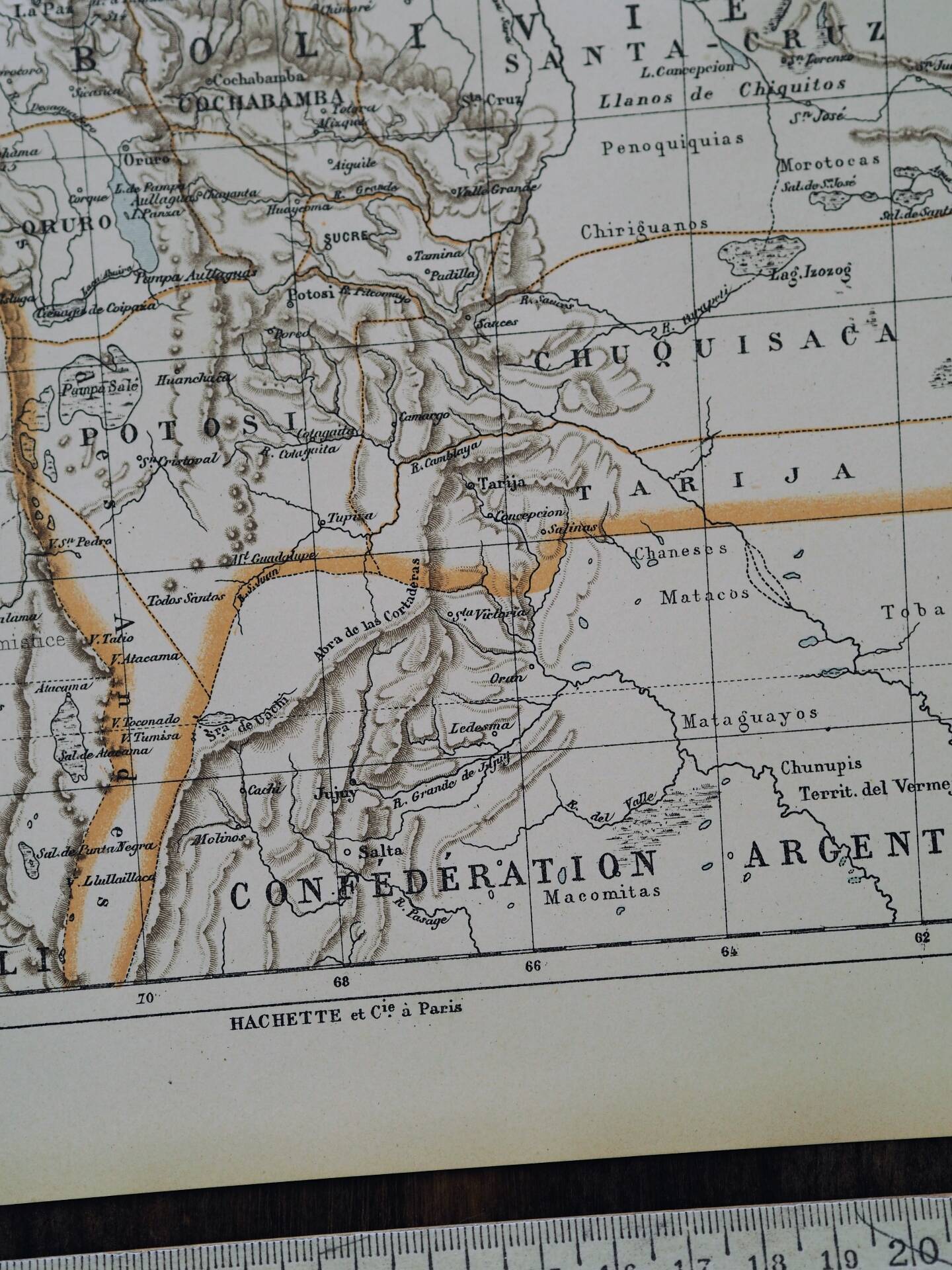 Bolivia, old map 1887 – vintage geographical map.