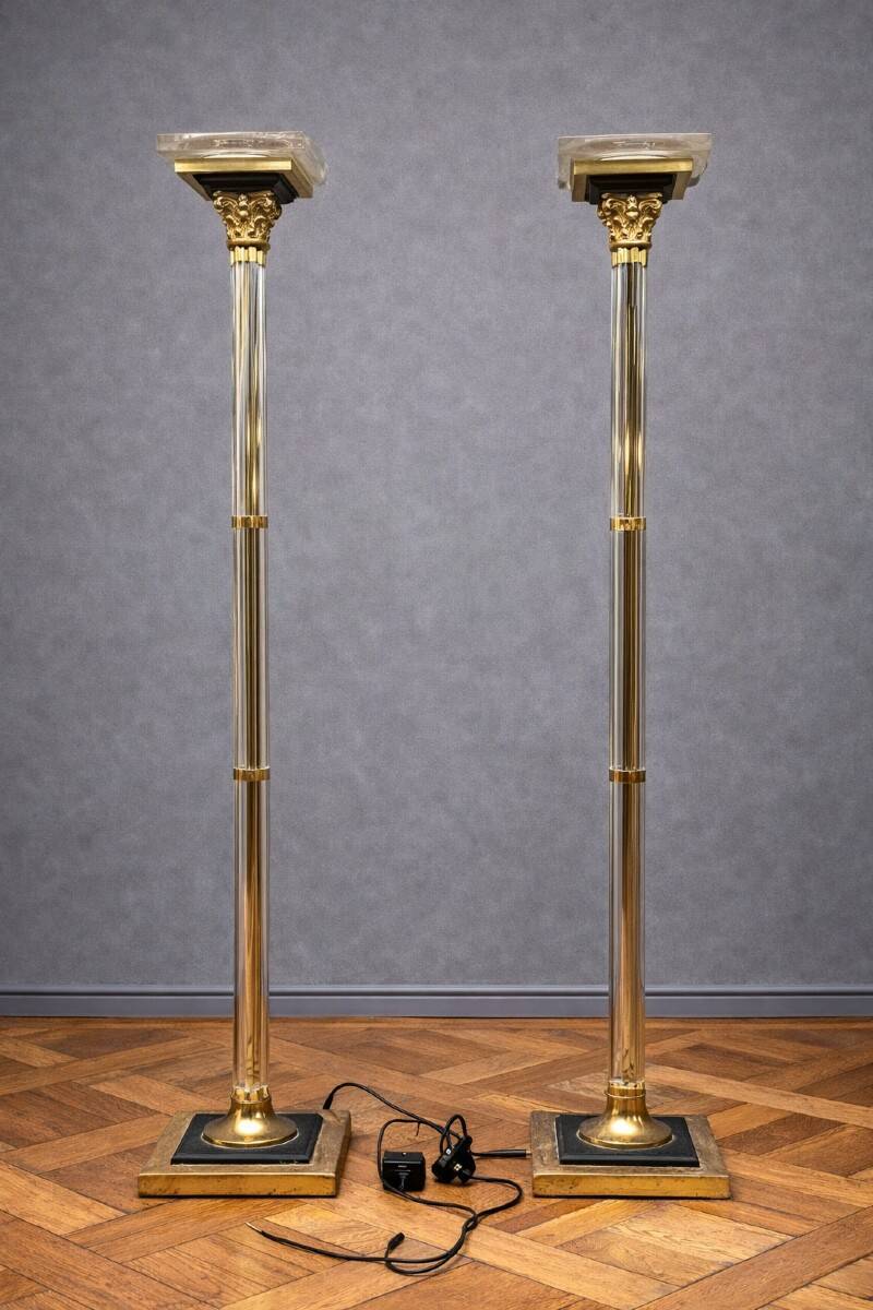 Maison Roméo – Pair of large floor lamps, circa 1970 (B) Lucite and gilded bronze