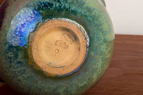 Vase double col Art-Déco en grés flammé vert irisé par Alphonse Cytère.