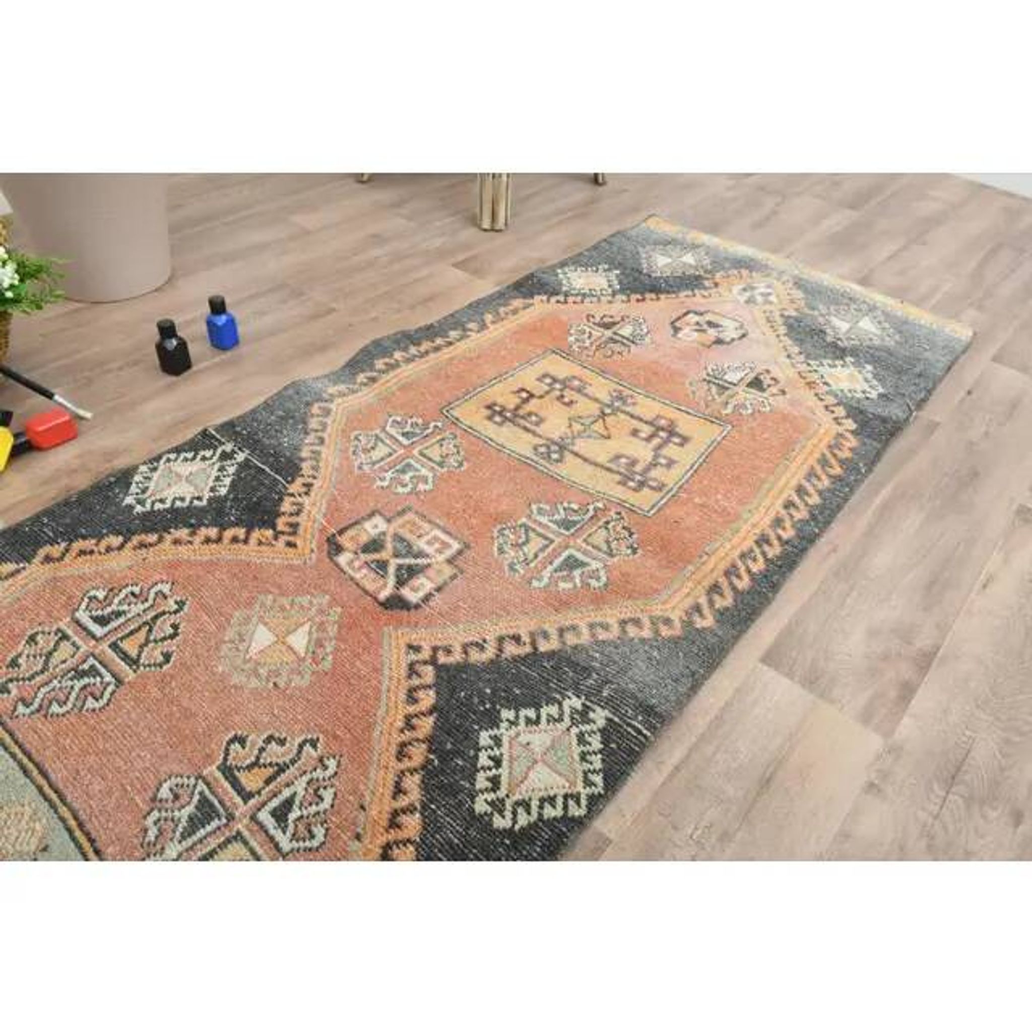 Tapis couloir vintage turc Oushak fait à la main en laine orange 76x374
