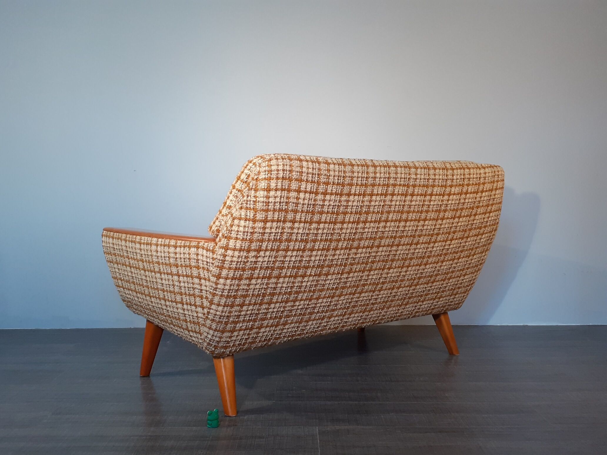 2-seater sofa in teck and beige wool, vintage scandinavian 1960s