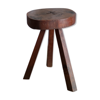 Tabouret tripode brutaliste en chêne massif mid. XXème