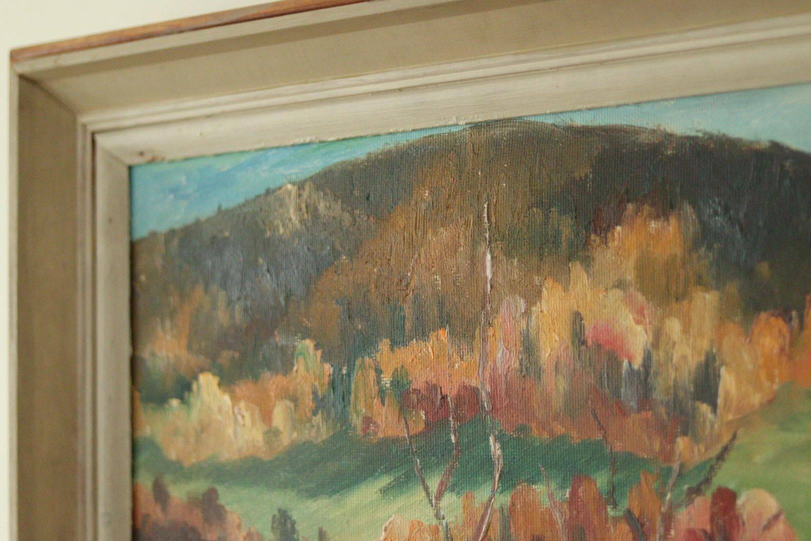 Original mid-century oil painting on Swedish canvas "Autumn Day Järvsö"