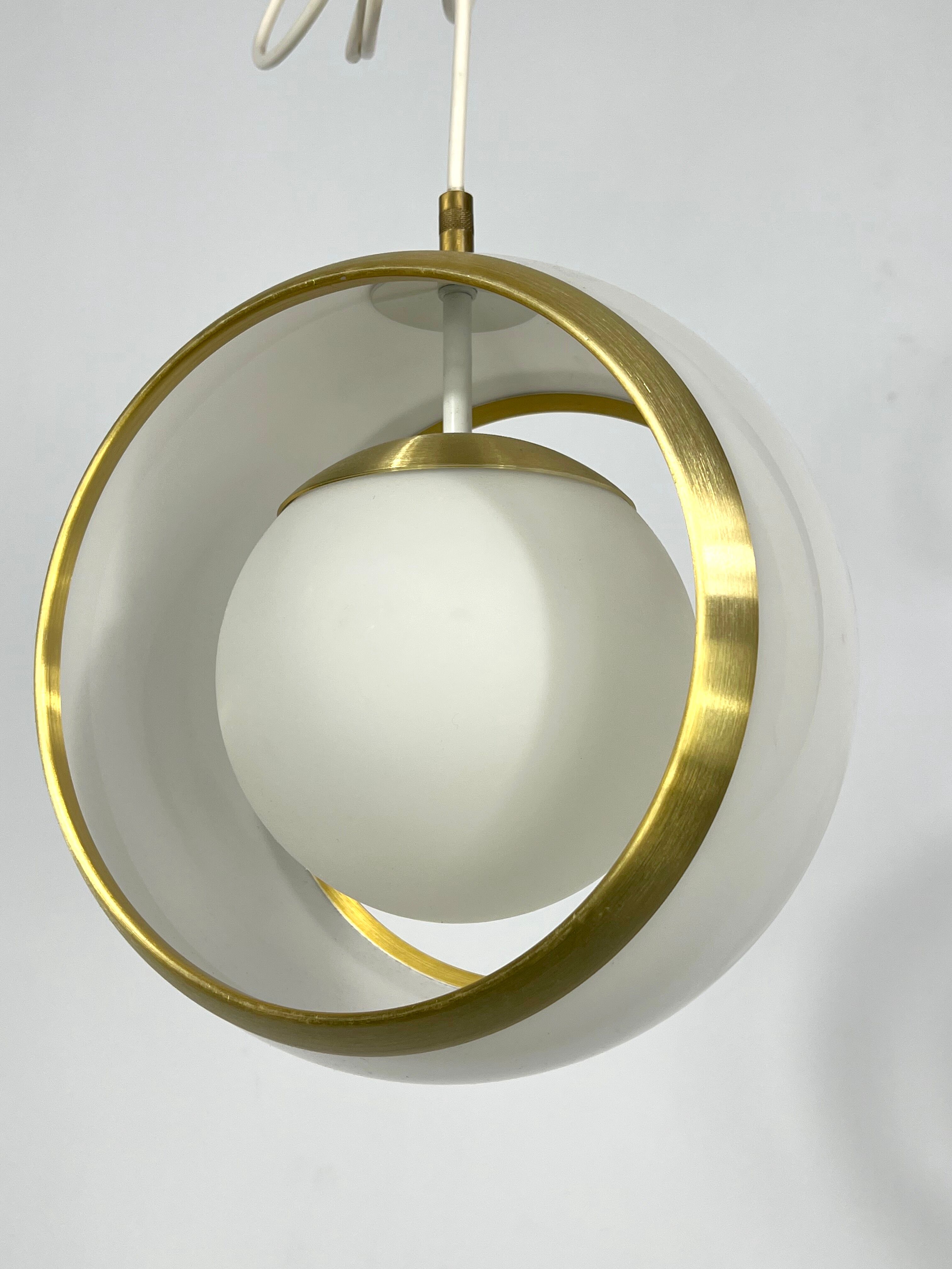 Stilux Milano, gilded aluminum, opaline and perspex pendant. Italy 1960s
