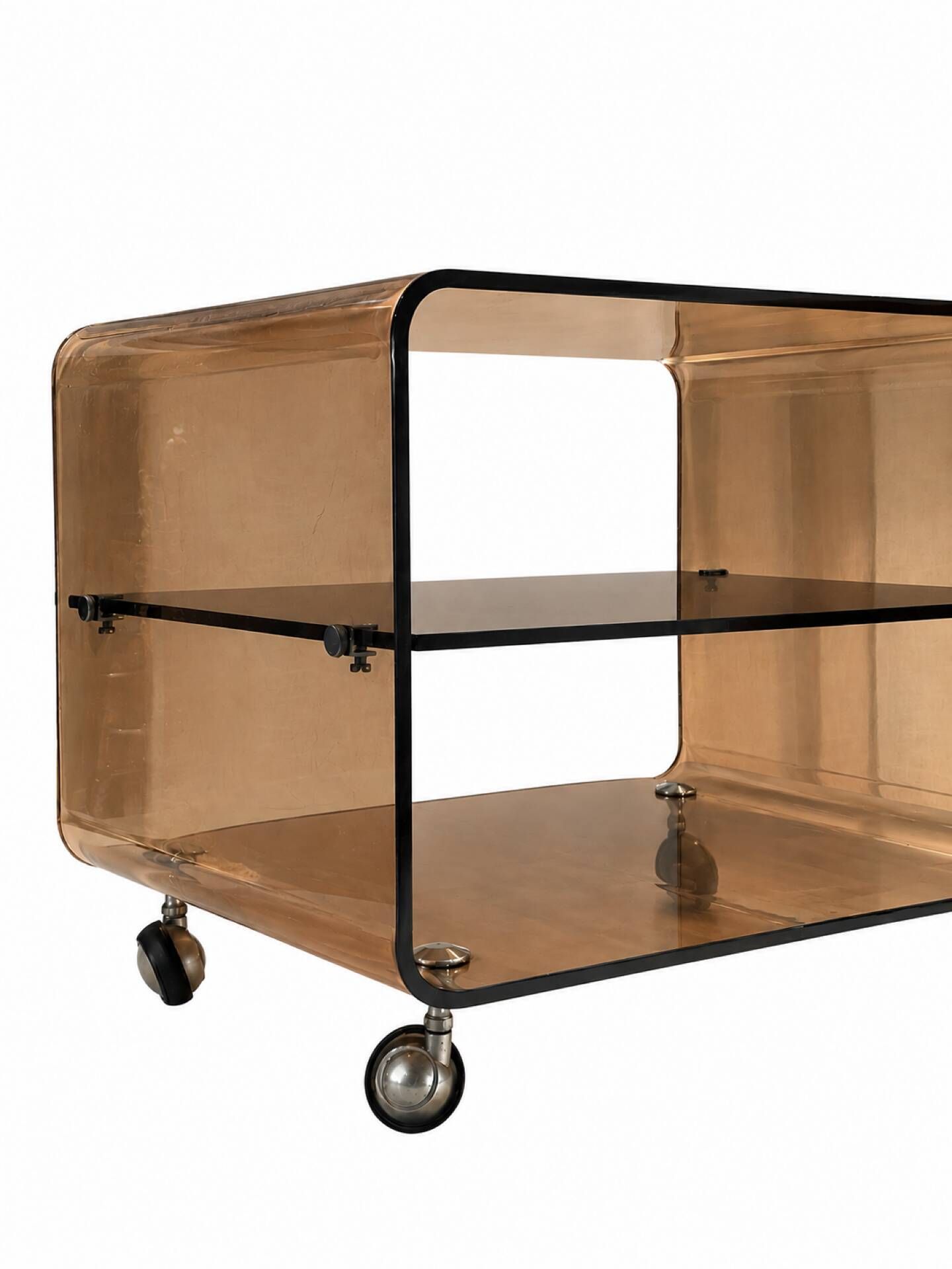 Chariot de service vintage en lucite fumé marron – Attribué à Michel Dum