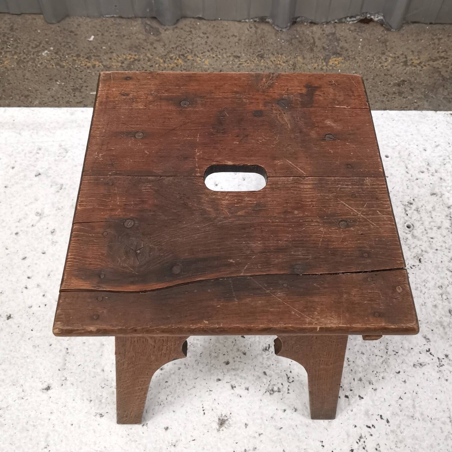 Brutalist old solid oak stool