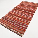 4x9 Red & Blue Turkish Kilim Rug, Living Room Rug, 133x272Cm Vintage Kilim