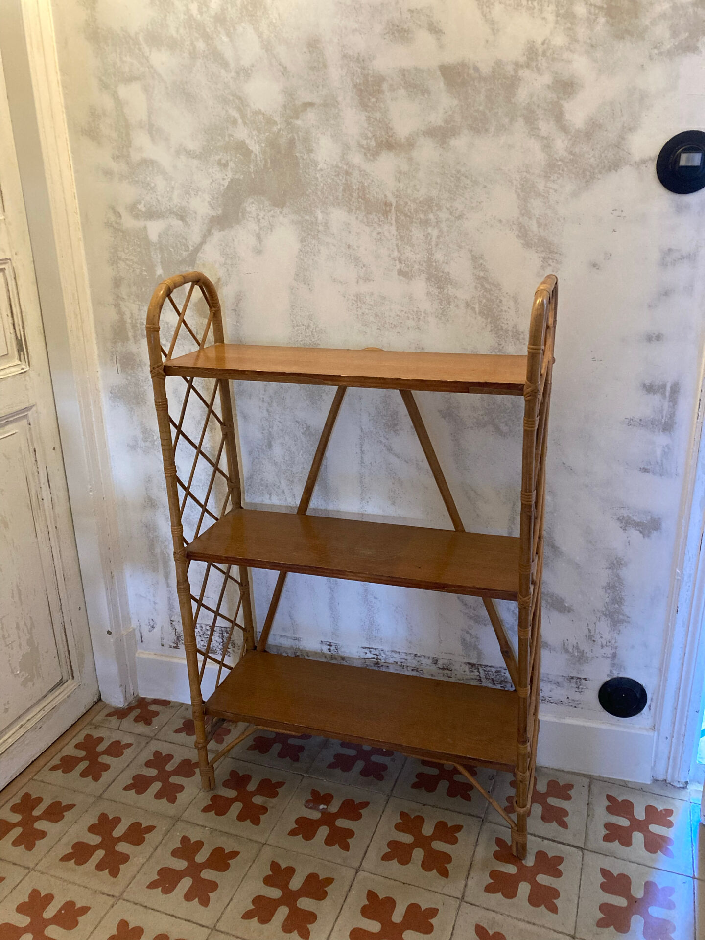 Vintage rattan shelf, library by Louis Sognot