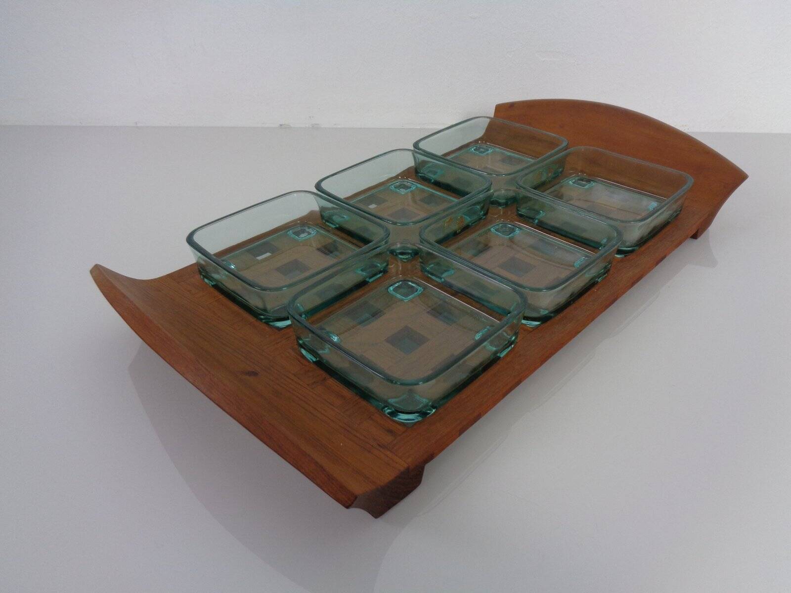 Teak tray with glass bowls by Jens Quistgaard for IHQ Dansk Designs, 1960s, set of 7.