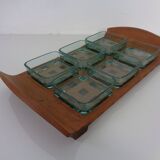Teak tray with glass bowls by Jens Quistgaard for IHQ Dansk Designs, 1960s, set of 7.