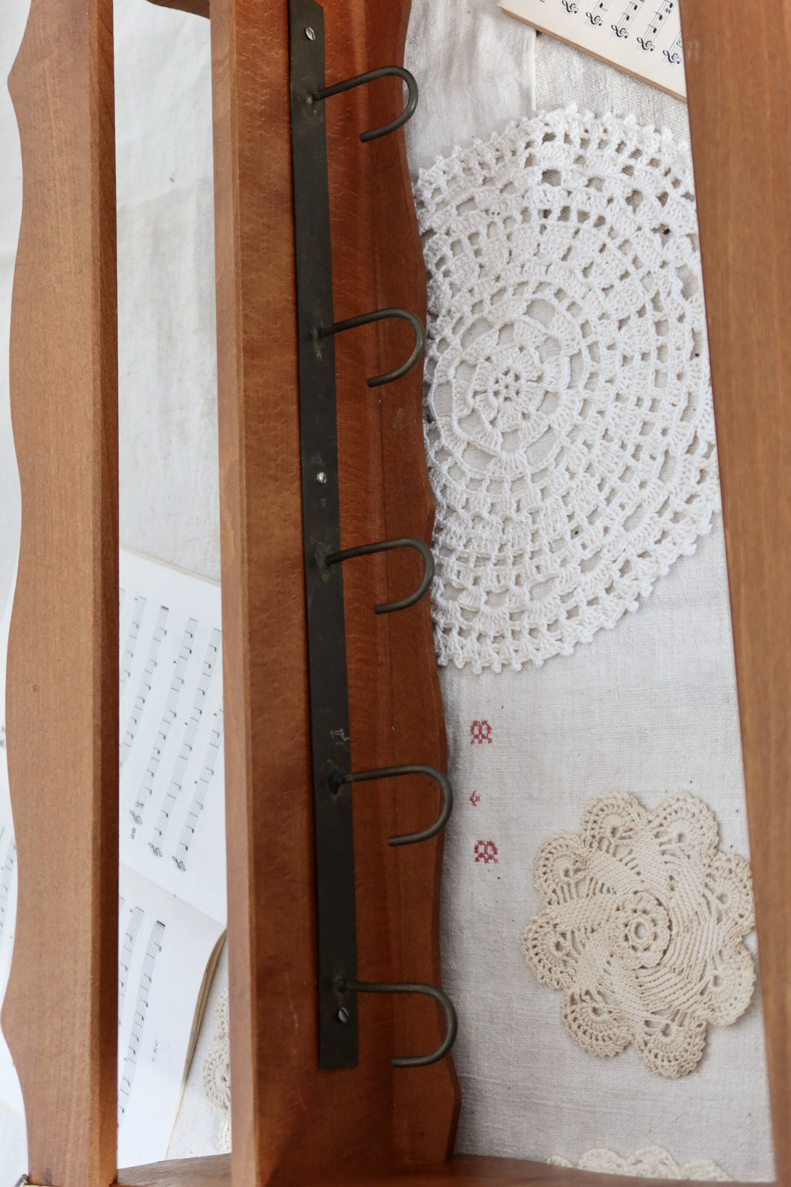 Vintage wooden wall shelf and hooks