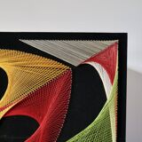 Large psychedelic design painting with multicolored stitch and thread from the 1970s