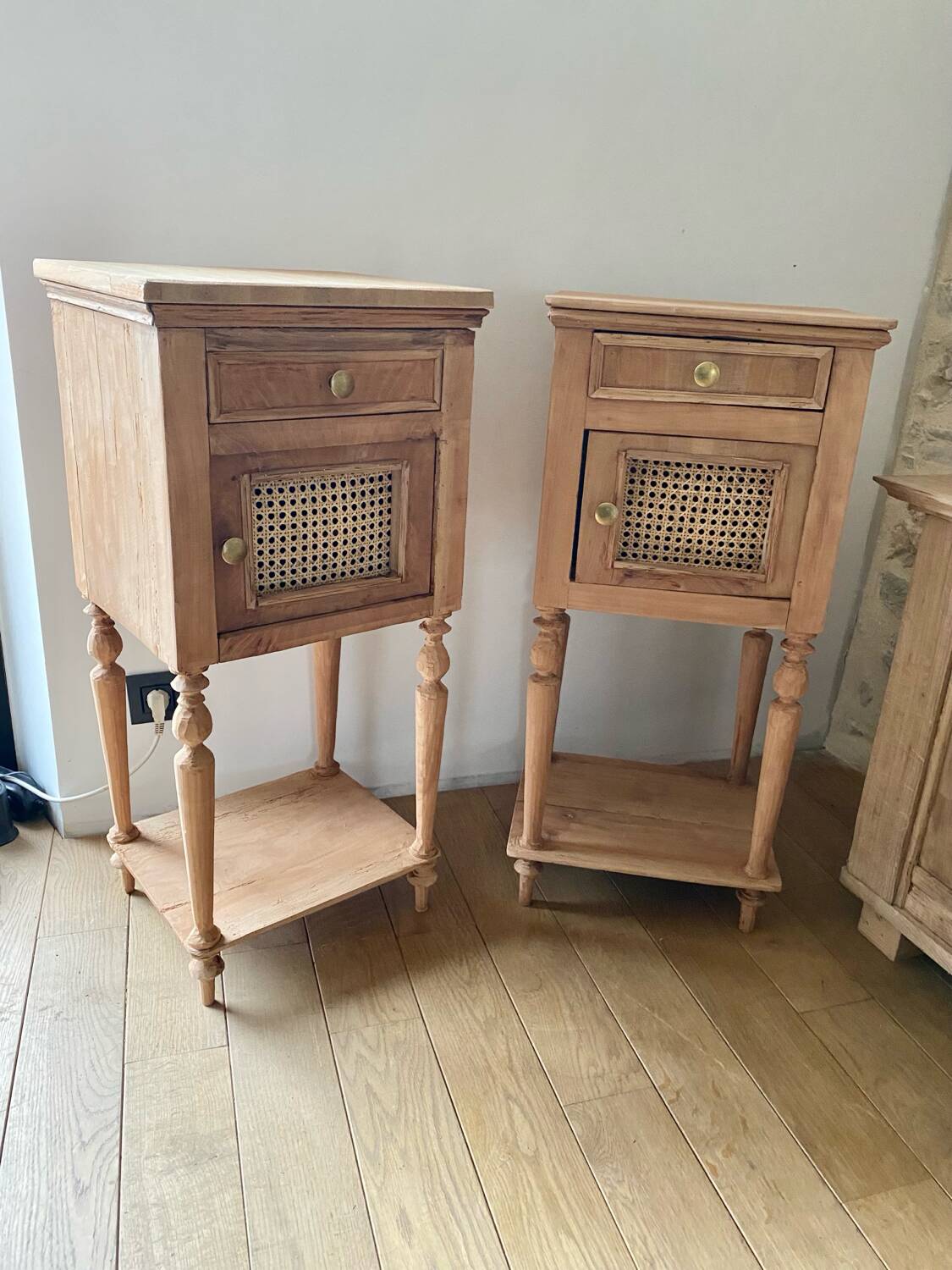 Pair of solid wood cane bedside or nightstands
