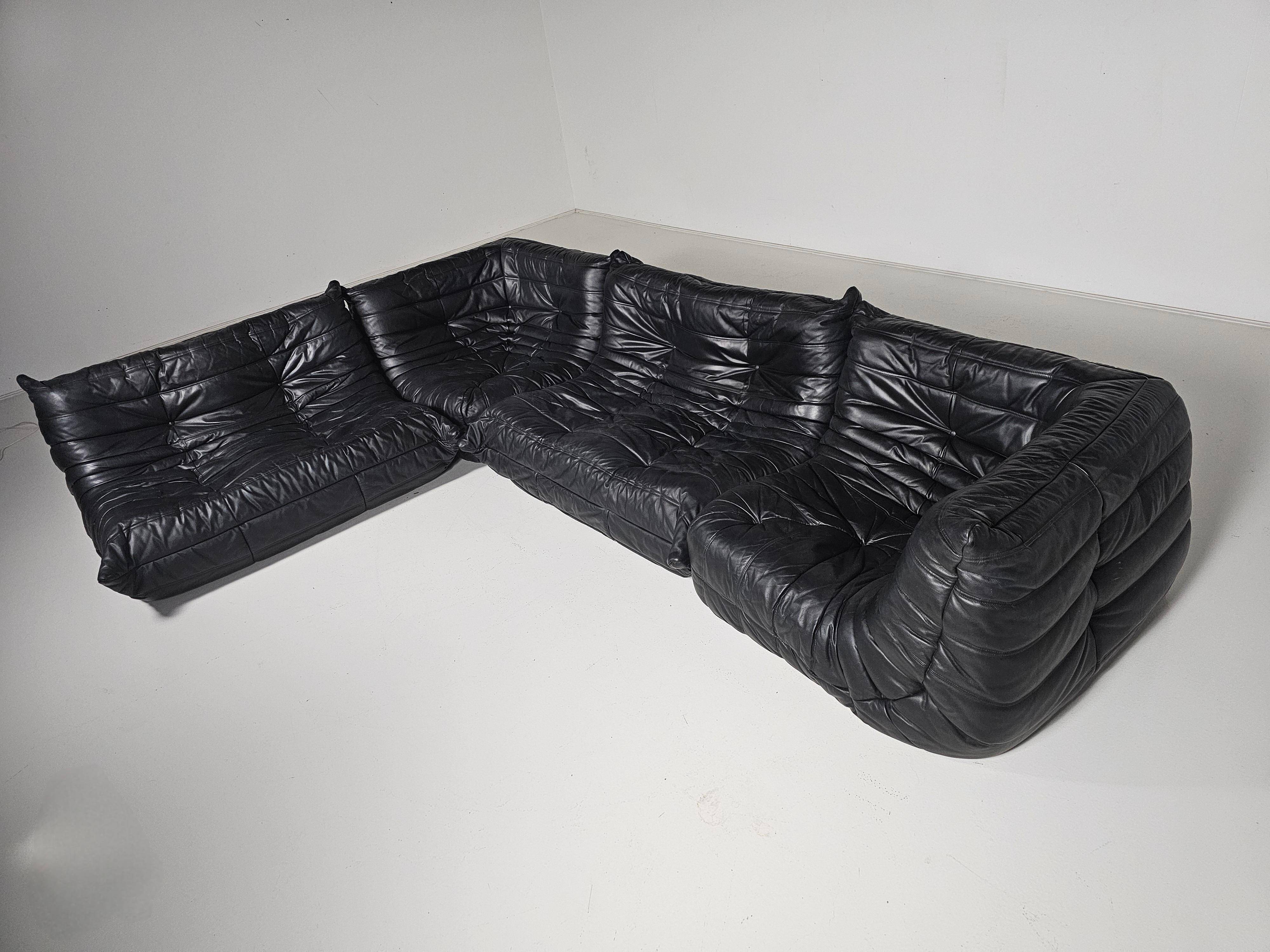 Togo black leather sofa, original, Michel Ducaroy, Ligne Roset, 1980