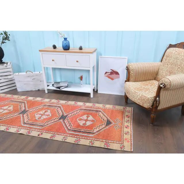 Vintage Turkish Hand-Knotted Wool Cotton Red Runner Rug 100x268