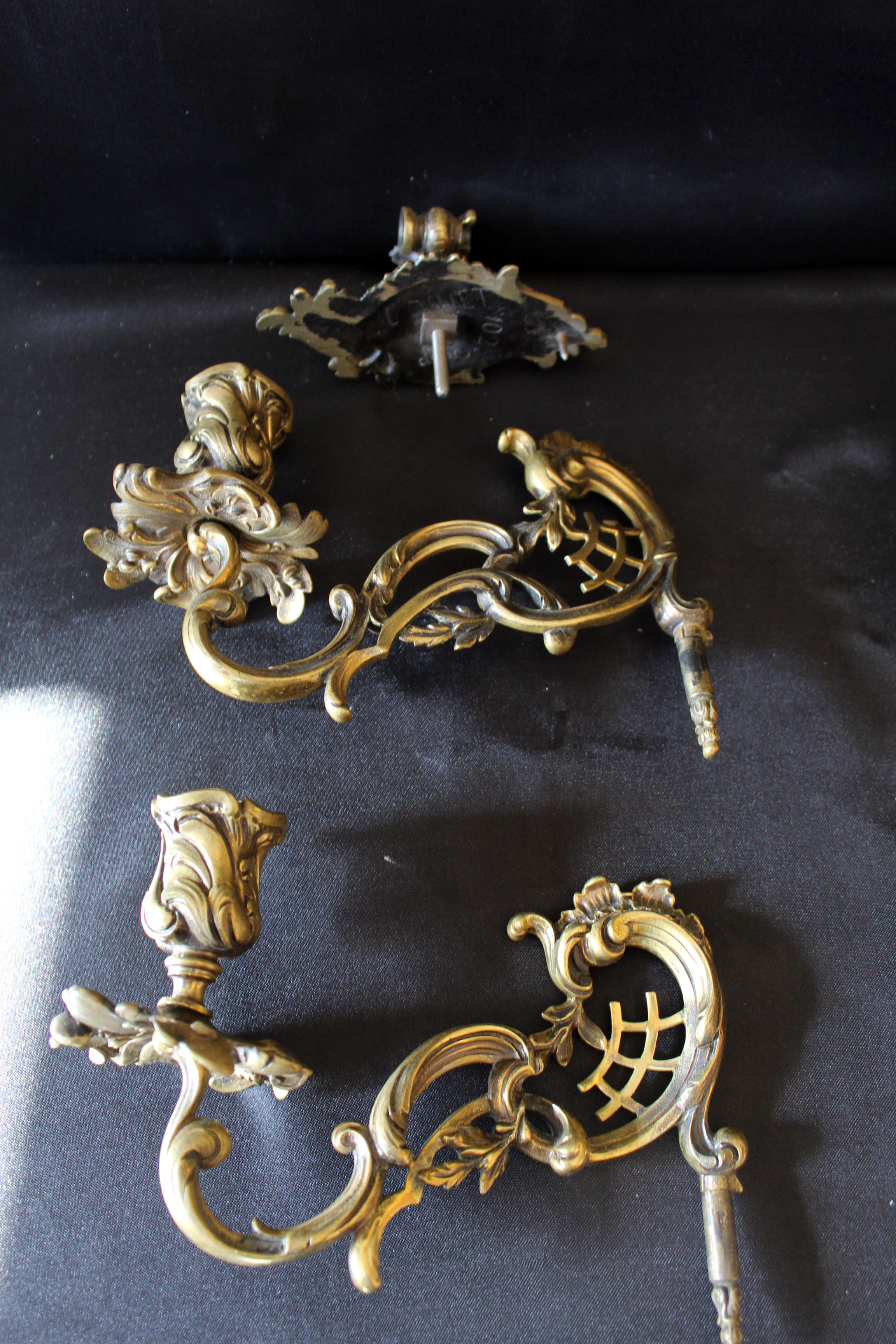 Pair of antique French Bronze Piano sconce, candleholders, signed L Pinet 102, rococo empire regency