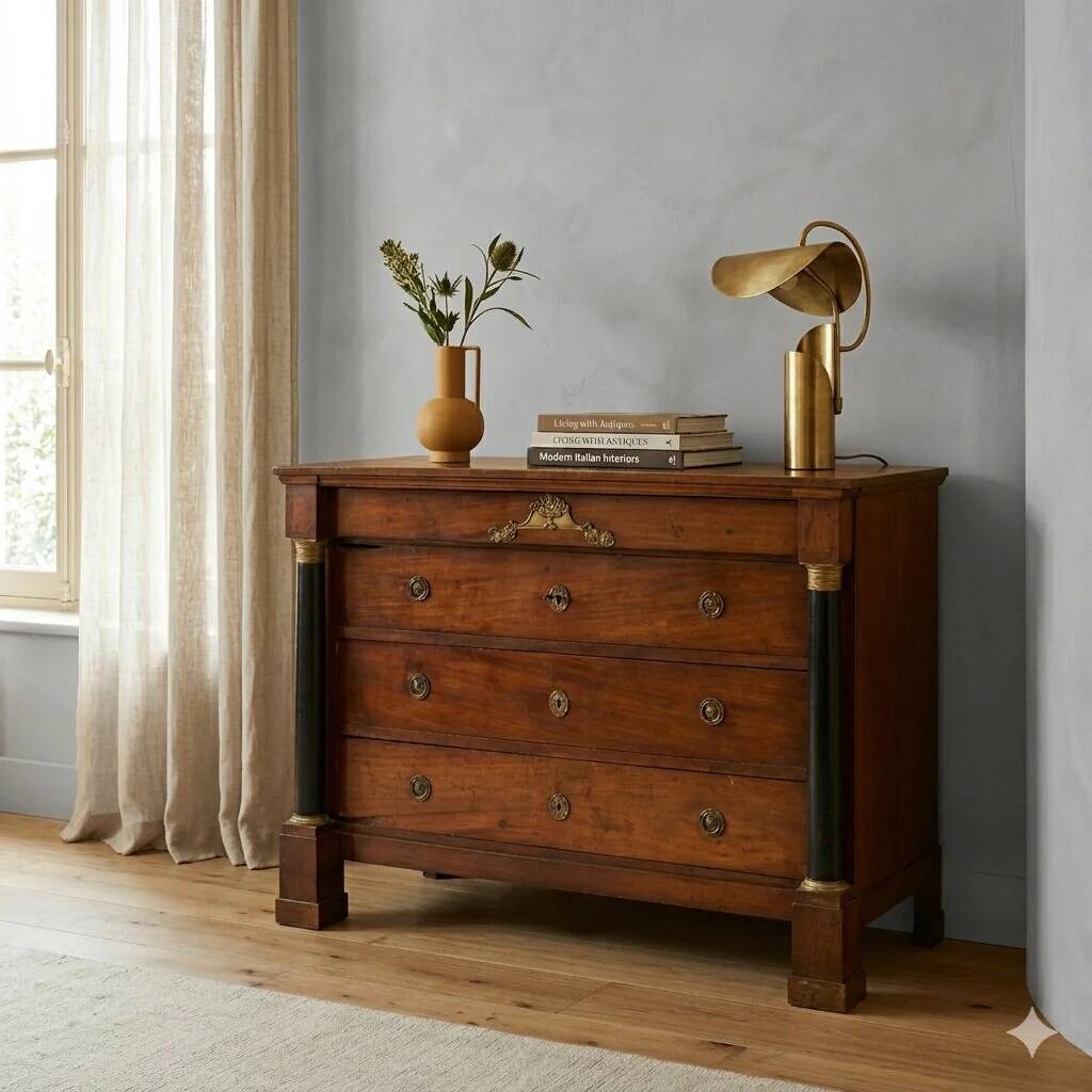 Ancient Empire commode in walnut and bronze, Italy, 19th century.