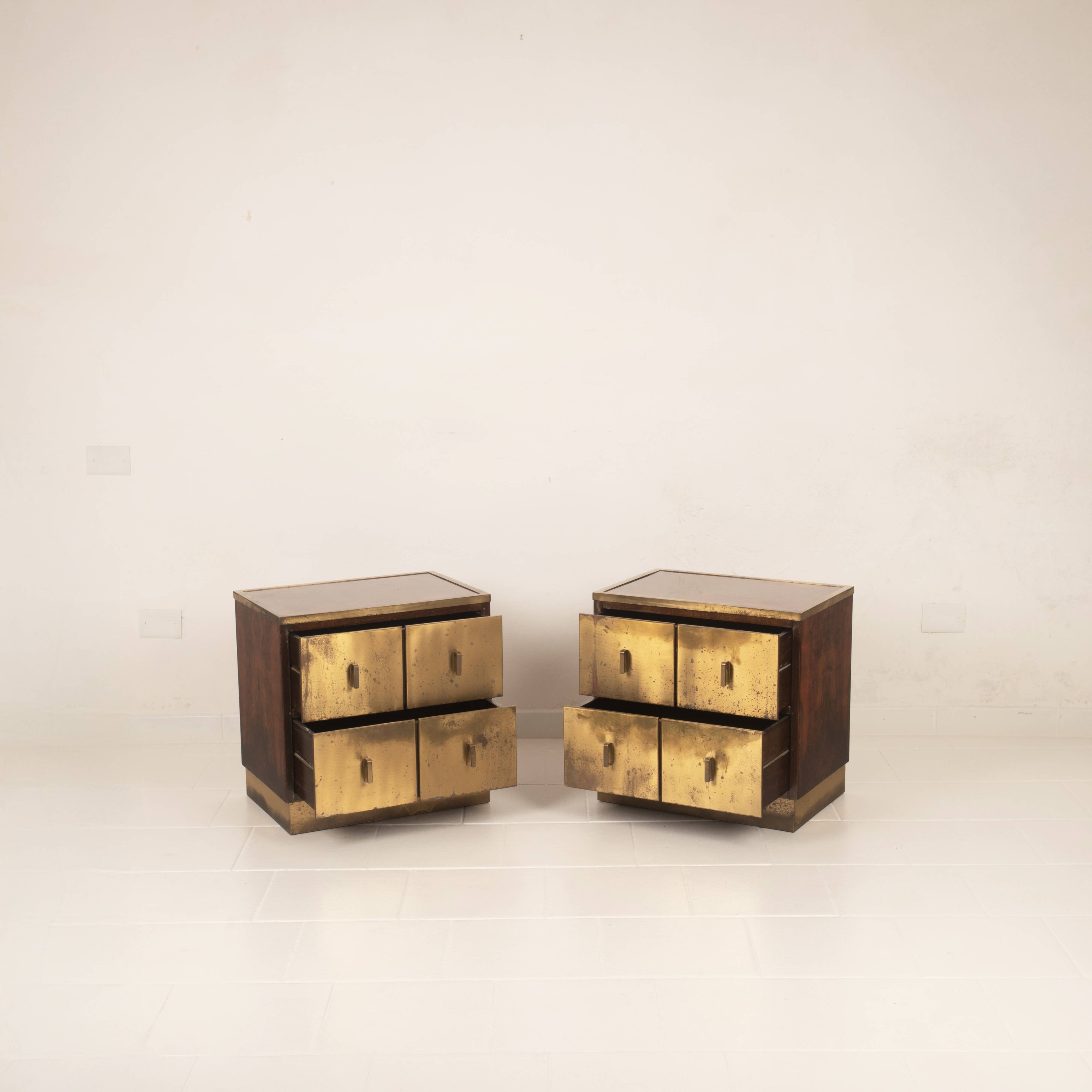 Aldo Frigerio Italian Walnut Burl and Gold-Laminated Brass Bagdad Nightstands