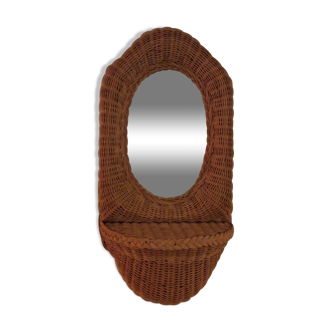 Wicker rattan mirror with shelf