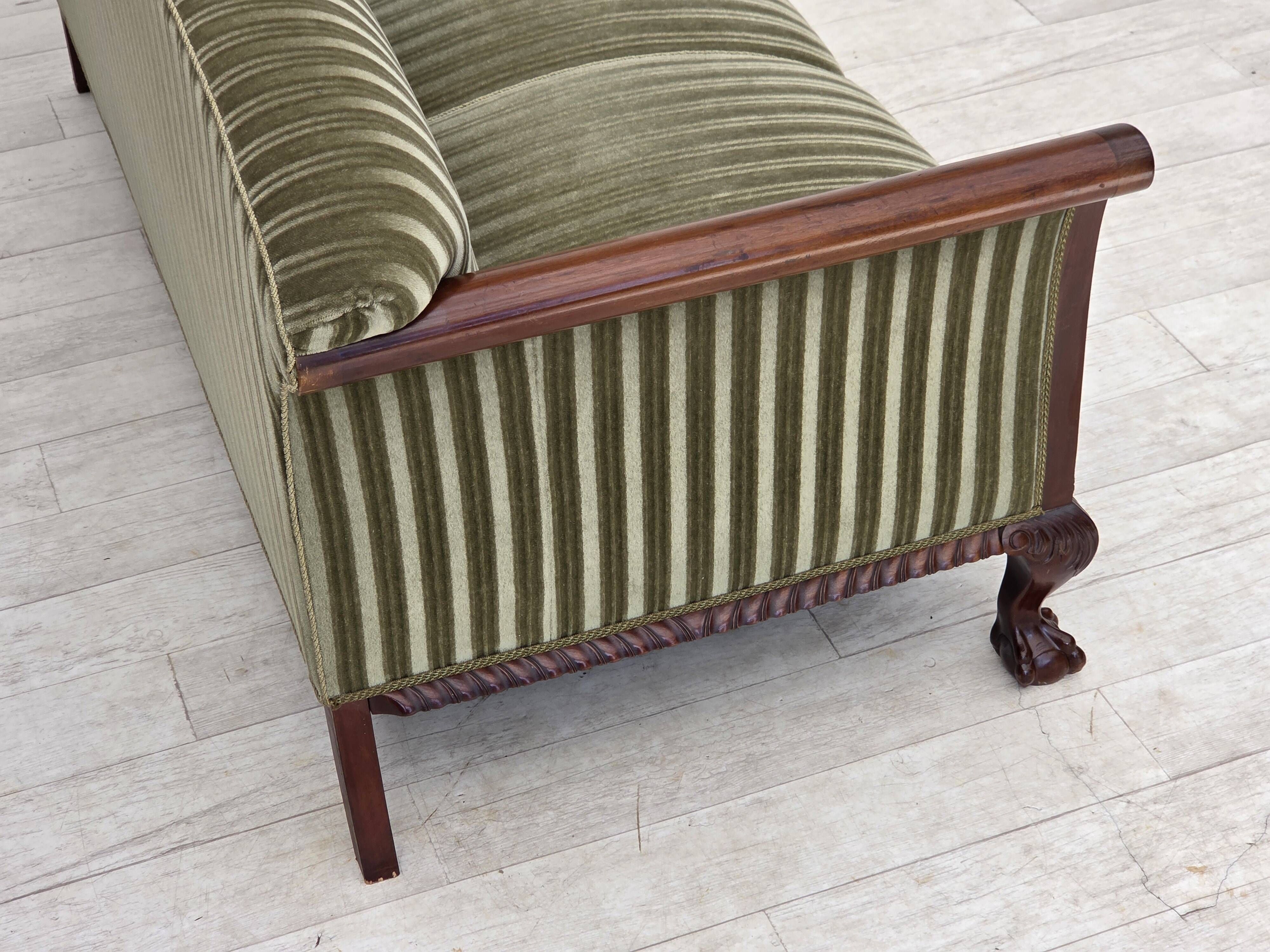 1950s, 3-seater Danish sofa, green furniture velour, teak wood.