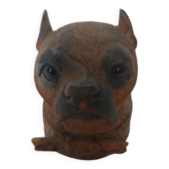 Carved wooden dog head inkwell