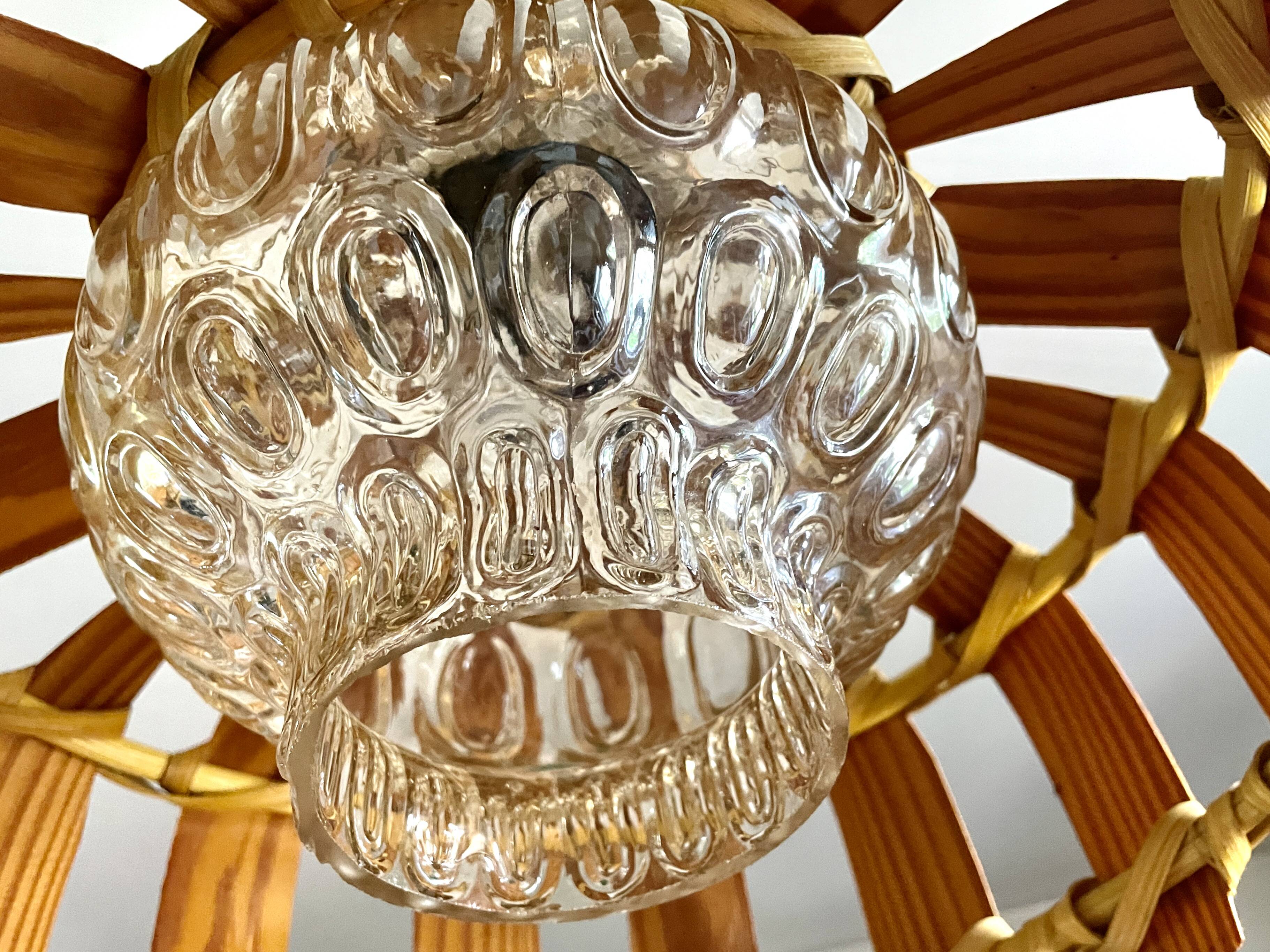 Scandinavian pendant light with wood veneer and bubble glass, 1970