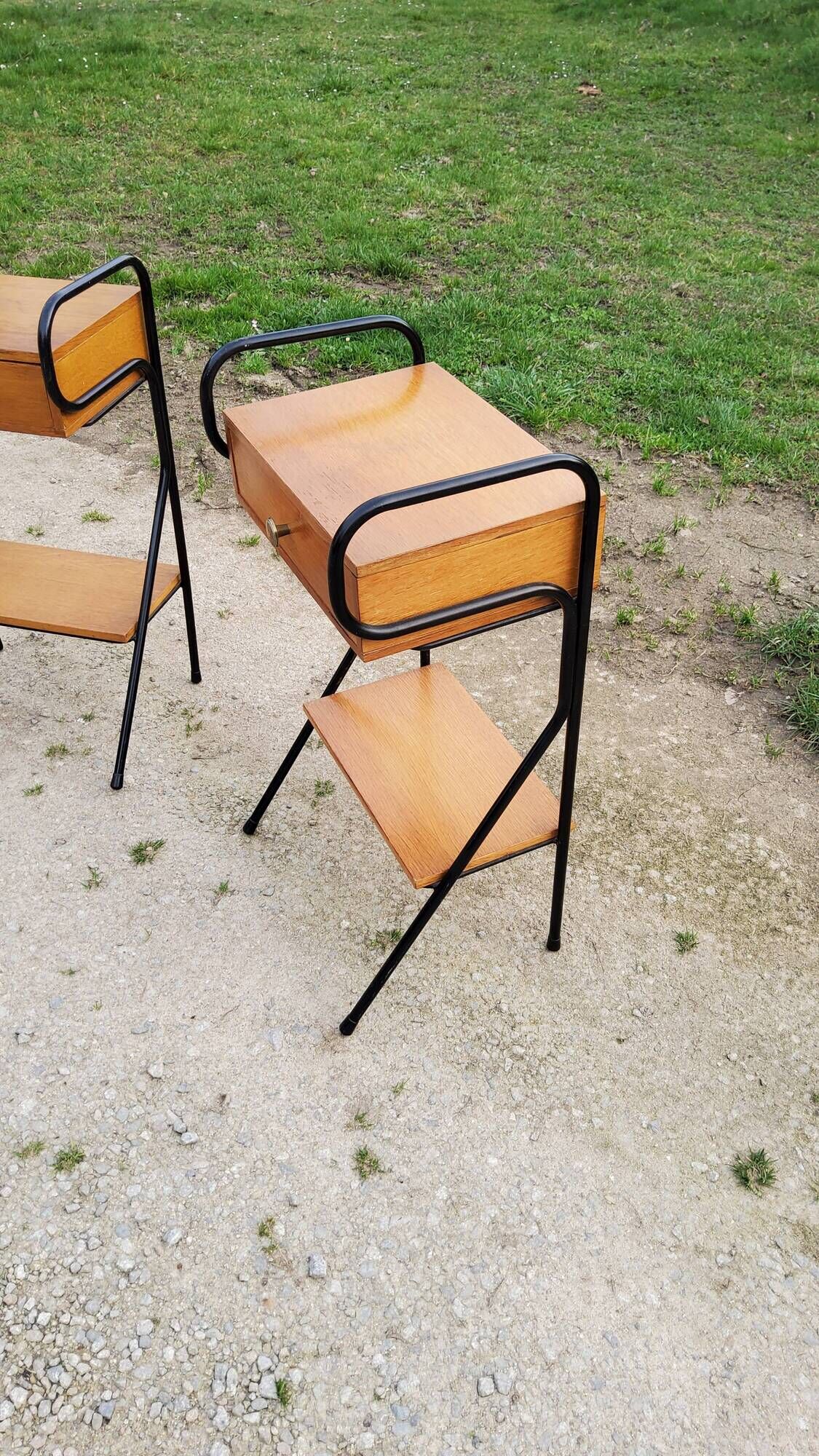 Pair of bedside tables from the 60s in gilded oak and tubes stamped Descher